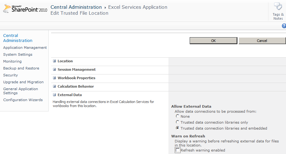 Disabling the external data refresh warning