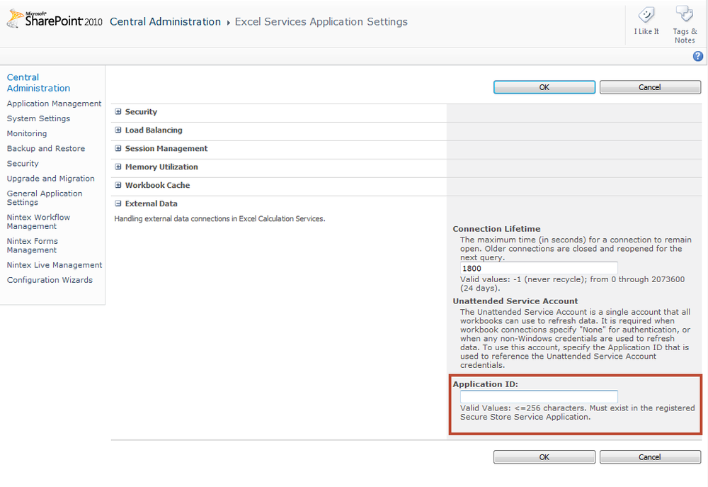 Excel Services application settings