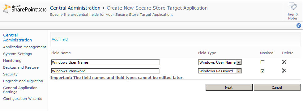 Setting field name and password in SSS