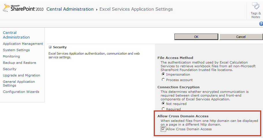 Allow Cross Domain Access setting