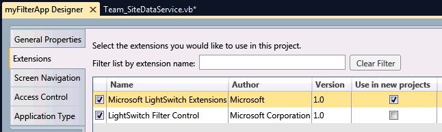 Enable LightSwitch Filter Control on the extensions tab