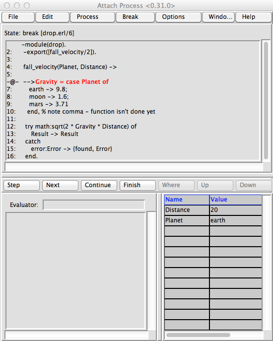 Code and bound values in the Attach Process window