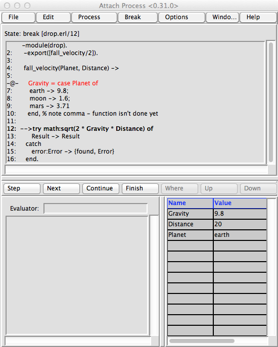 Next step: the try statement and calculation on line 12, with additional bound values