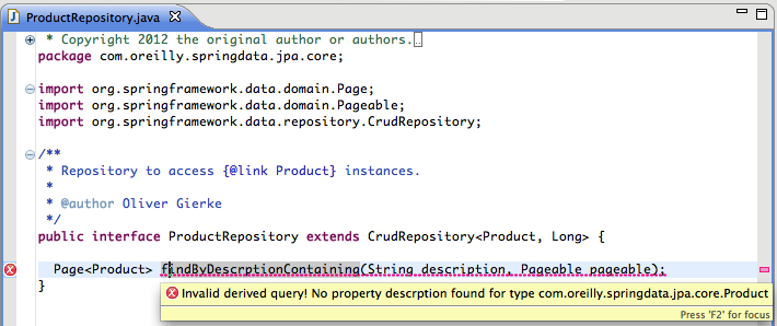 Spring Data STS derived query method name validation