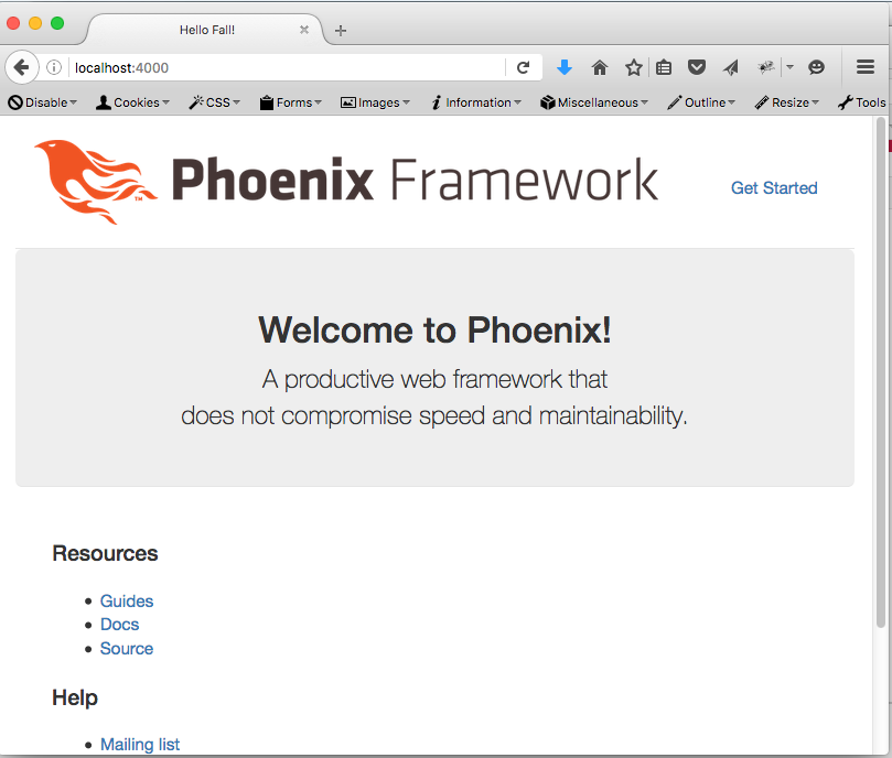 Phoenix welcome page, with Hello, Fall! as title