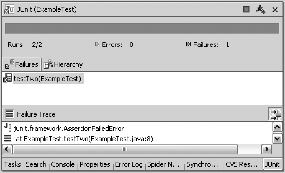 JUnit view with results