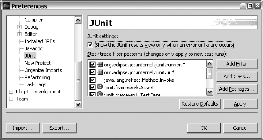 JUnit preferences: view only on error