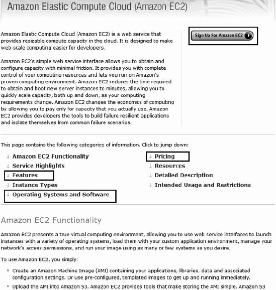 The Amazon EC2 home page