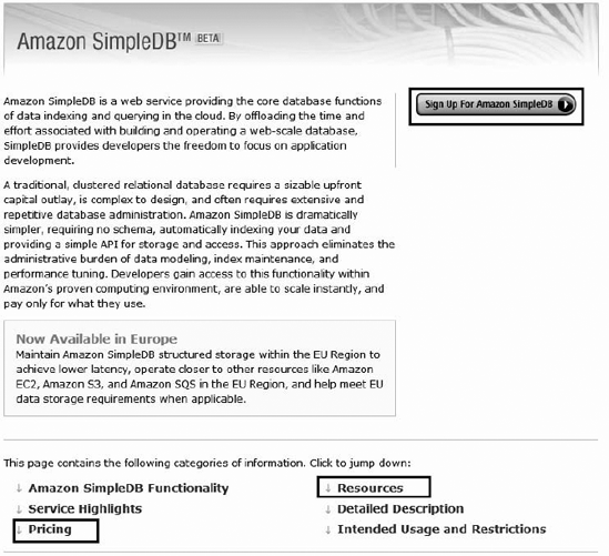 The Amazon SimpleDB home page