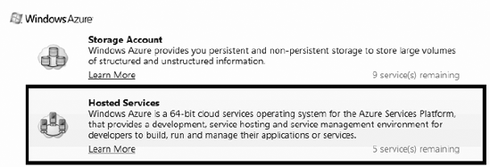 The Create New Service page in the Windows Azure developer portal