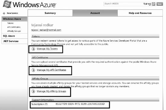 Windows Azure developer portal Account page