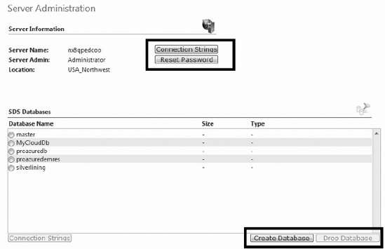 SQL Azure Project management page