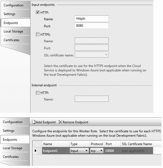 Endpoints tab for Web and Worker roles