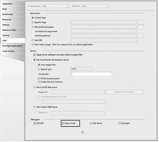 Web role unmanaged code debugging