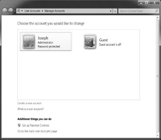 Use the Manage Accounts window to create new user accounts.