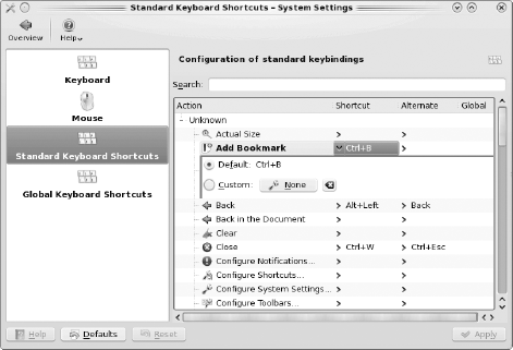 Changing a default keyboard shortcut in the Keyboard & Mouse configuration module