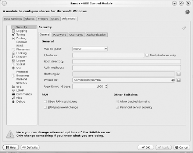 Advanced options of Samba configuration module