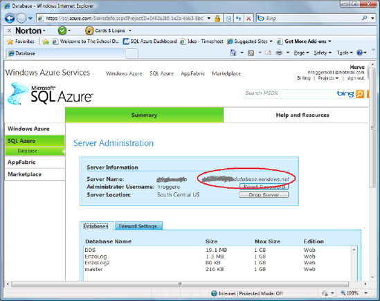 Obtaining the server name of your SQL Azure server