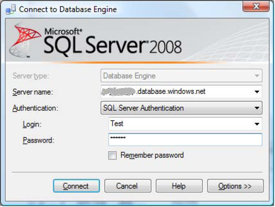 Logging in to a SQL Azure server