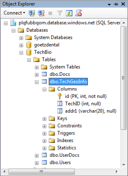 Table in SSMS