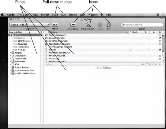 The Xcode user interface consists of pull-down menus, icons, and panes.