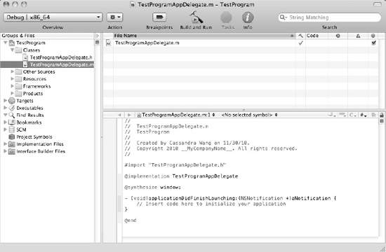 Clicking a file displays its contents in the middle pane of the Xcode window.