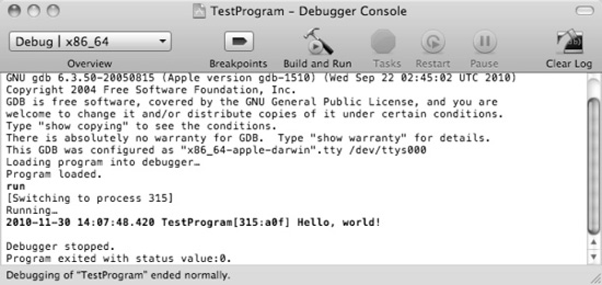 The Debugger Console window is where the NSLog command prints its messages.