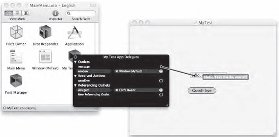 Dragging from the Outlet circle to the user interface connects the message variable to the Label object.