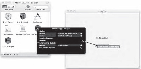 Dragging from the Actions circle to the user interface connects the Action method to the push button object.