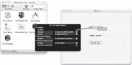 Dragging from the inputData circle to the text field connects the text field to the inputData Outlet defined in your Objective-C code.