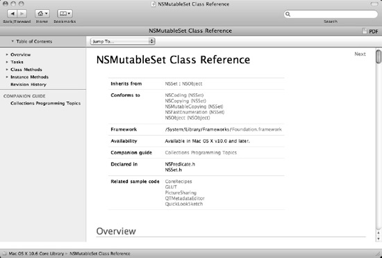 A class reference screen provides programming details for how a particular class works and what it does.