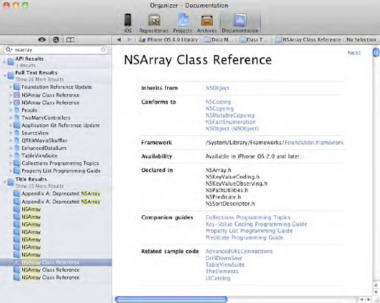 The NSArray class reference is available in the Developer Documentation.