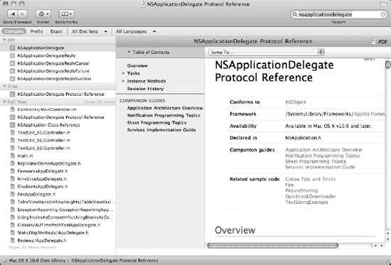 The NSApplicationDelegate Protocol Reference help screen