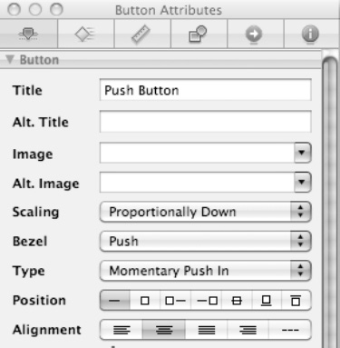 The Attributes window lets you type and align text on a button.