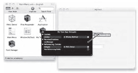 Right-clicking a class file icon displays available IBAction methods.