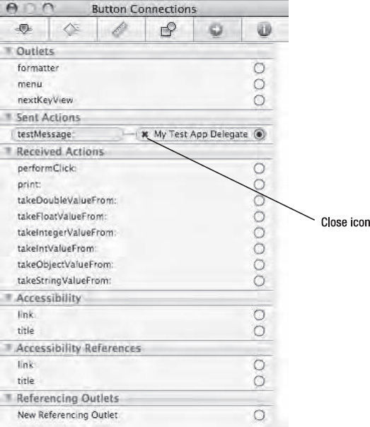 The close icon lets you break the connection between a button and an IBAction method.
