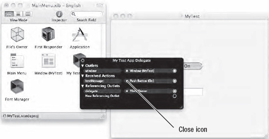 Right-clicking a class file icon lets you break the connection to its IBAction methods.