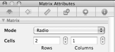 The Attributes Inspector window lets you add rows or columns to a Radio Group.