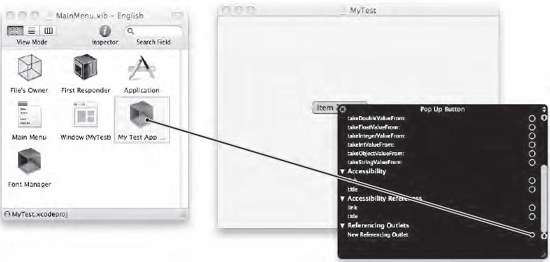 You can right-click the Pop Up Button object on the user interface and connect it to the class file that contains the IBOutlet that represents the pop-up button.