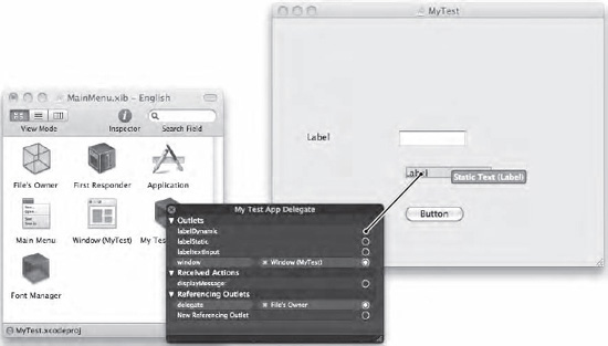 Dragging and dropping connects the labelDynamic IBOutlet to your label on the user interface.