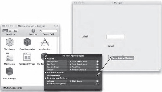 Dragging and dropping connects the displayMessage method to your push button on the user interface.