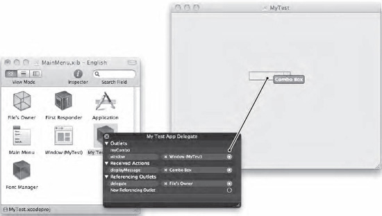 Connecting the myCombo IBOutlet variable to the combo box on the user interface