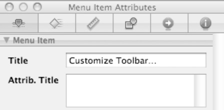 The Attributes Inspector window lets you edit a menu or menu item in the Title field.