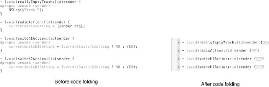 Code folding temporarily hides a bracketed block of code.