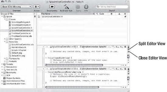 The split view of the Xcode window