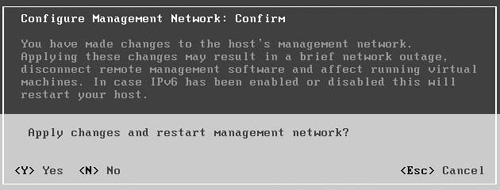 The DCUI Configure Management Network Confirm screen.
