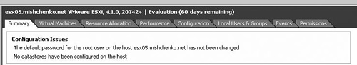 Two configuration issues have been detected for the VMware ESXi host.