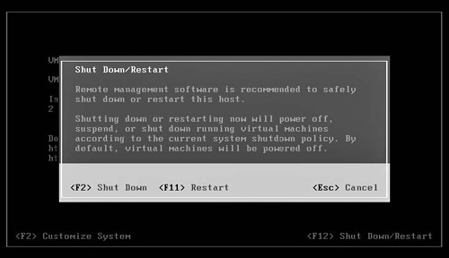 The DCUI Shutdown/Restart screen.