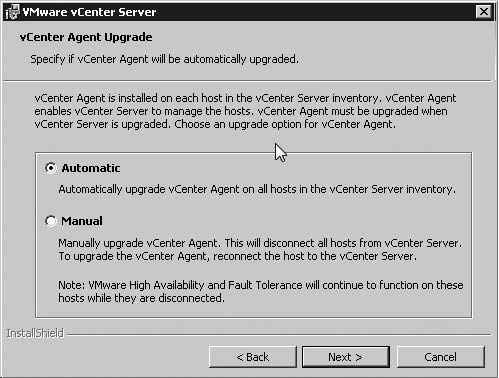 The vCenter Server Agent Upgrade screen.