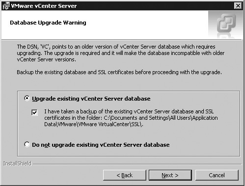 The vCenter Server Database Upgrade Warning screen.